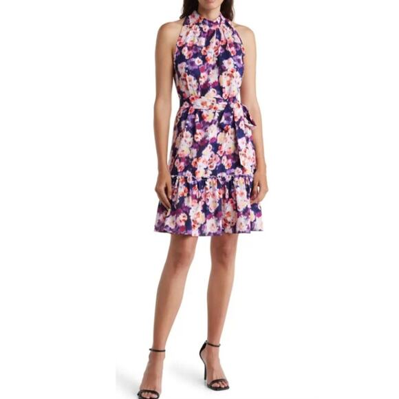 SAM EDELMAN Women's Brushed Floral Dress Medium Purple Pink High Neck - Picture 1 of 13